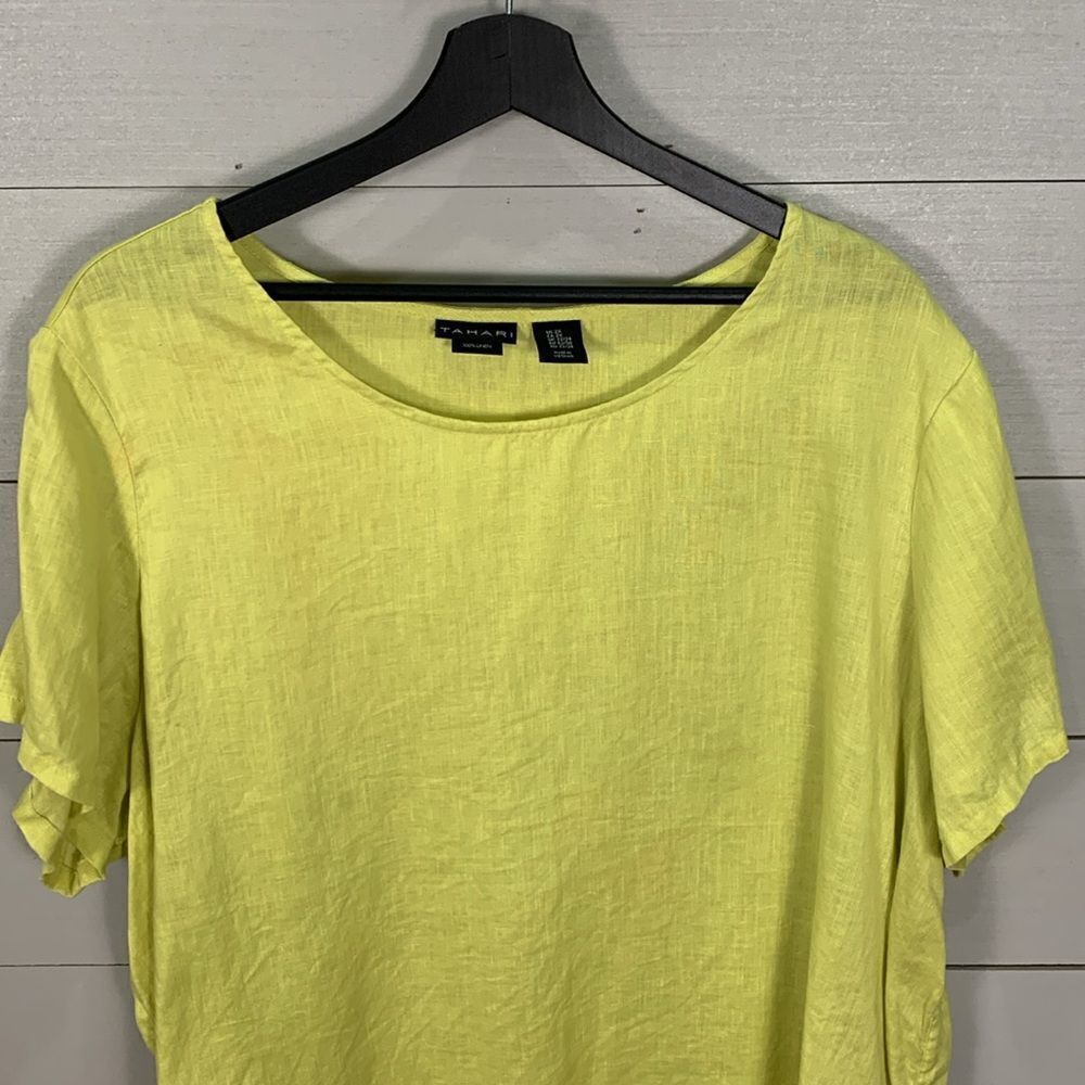 Tahari neon yellow linen tunic hi/low short sleeve tunic blouse size 2X - Picture 2 of 7